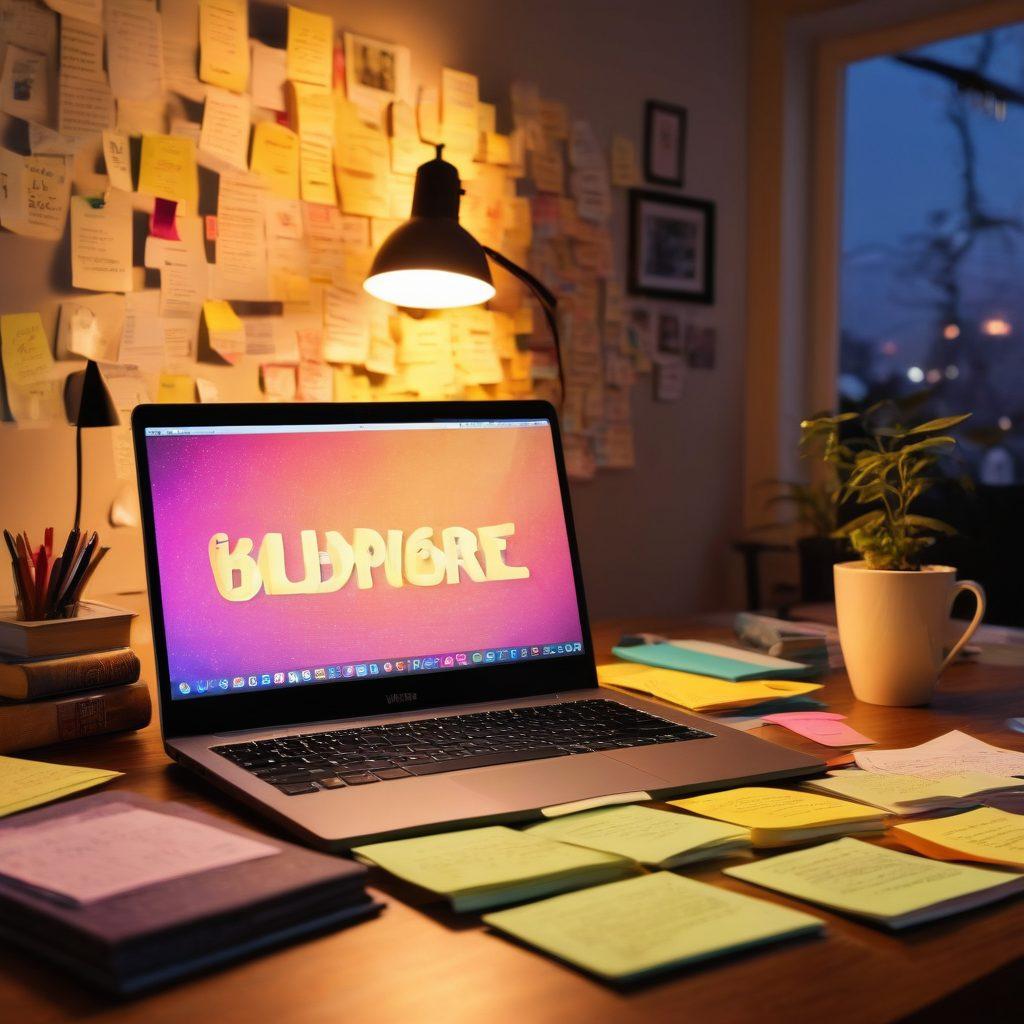 A creative workspace featuring a laptop open to an online thesaurus, surrounded by colorful sticky notes with synonyms written on them, stacks of vibrant books, and a cup of coffee. A light bulb symbolizes ideas and inspiration floating above. The background is filled with an artistic representation of words and their meanings, creating a dynamic and engaging atmosphere. super-realistic. vibrant colors. 3D.