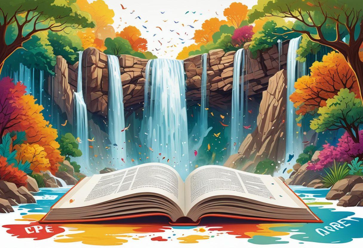 A visually striking open book with colorful words and synonyms flowing out of the pages like a waterfall, surrounded by diverse language symbols and characters in the background. The scene is set in a bright, inspiring study environment with a soft glow illuminating the words. Include vibrant colors and an inviting atmosphere, suggesting growth and learning. vector art. vibrant colors. white background.